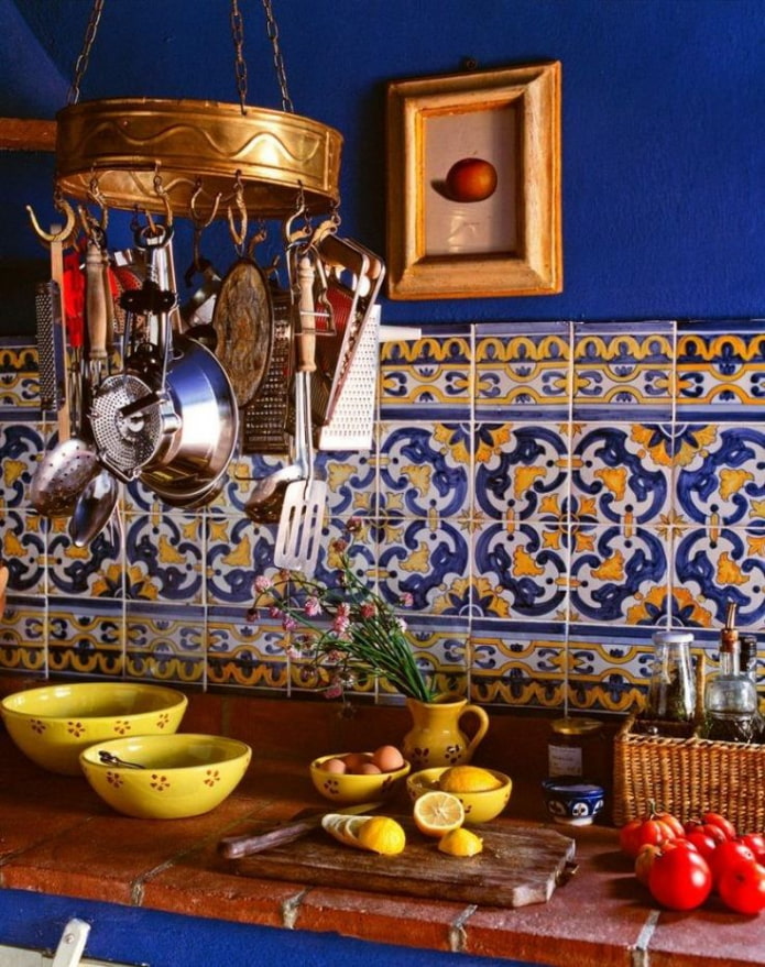 blue kitchen with yellow accents