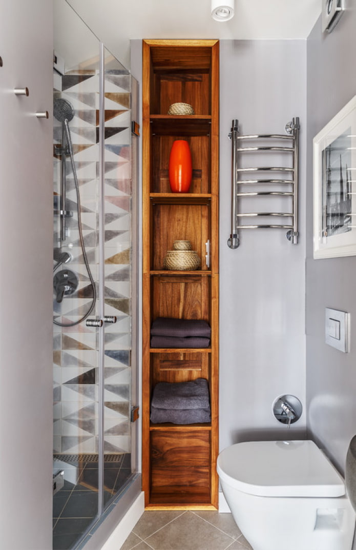wooden shelving in the bathroom