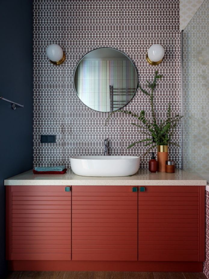 bathroom with red cabinet