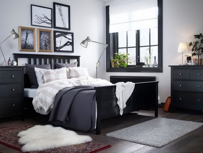 црни намештај у спаваћој соби