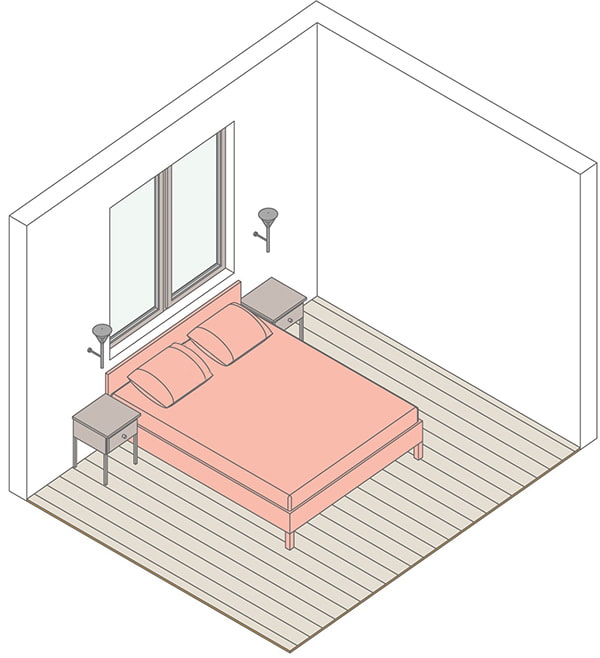 Aufteilung eines Schlafzimmers mit einem Bett am Fenster