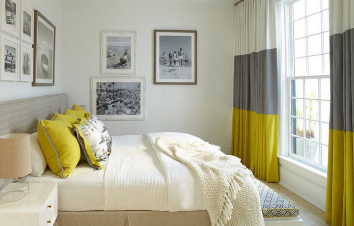 Világos hálószoba sárga dekorációval