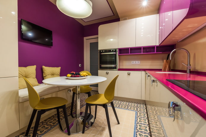 bright purple kitchen with yellow