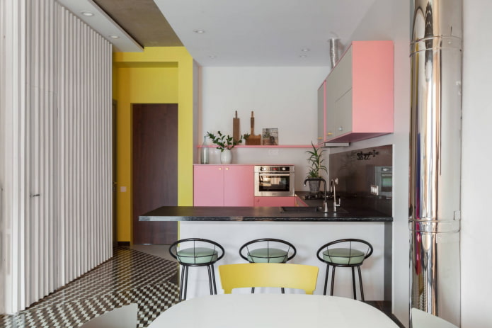pink kitchen with yellow