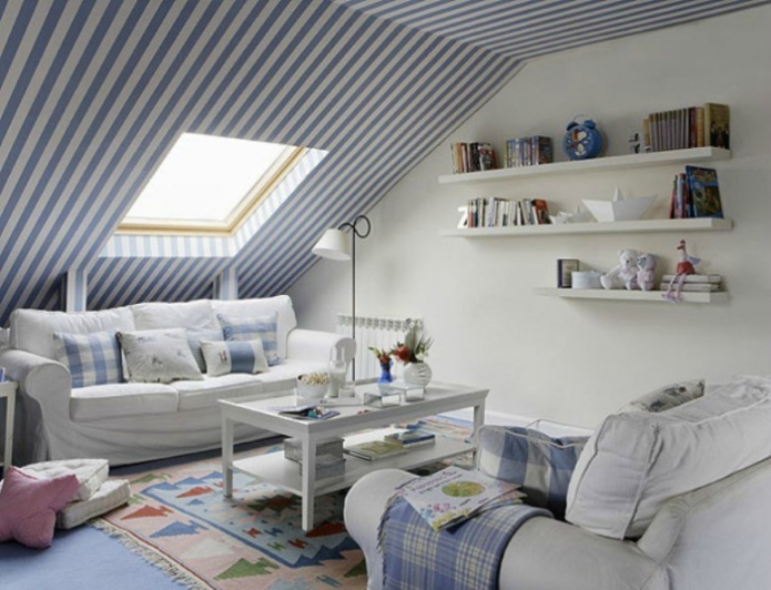 blue and white living room in the attic