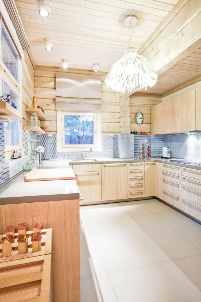 bright kitchen in a log cabin