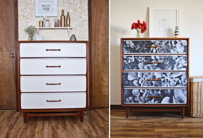 Chest of drawers covered with photo wallpaper