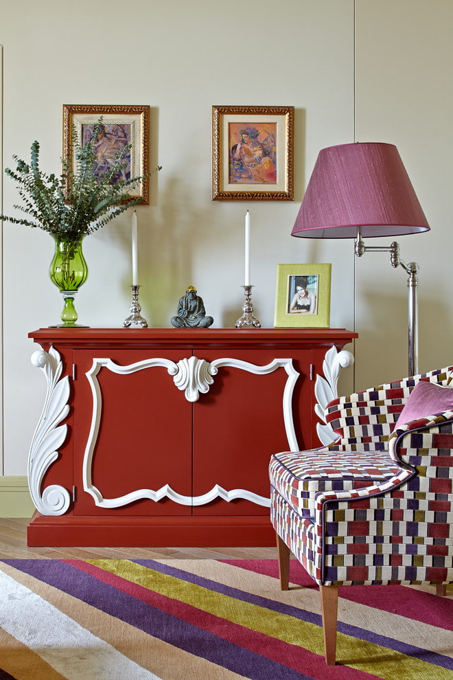 red dresser in the living room