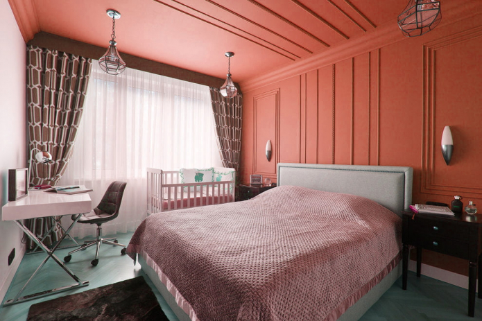 Bedroom with peach ceiling