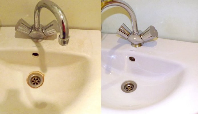 Waschbecken vor und nach der Behandlung mit Domestosest