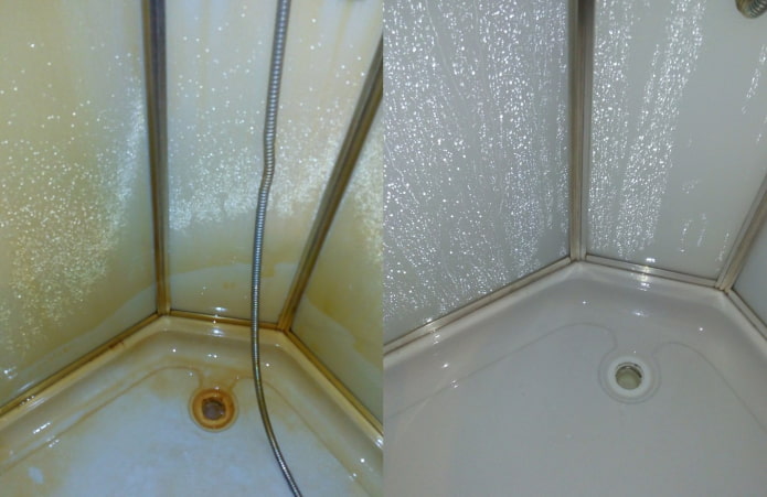 Shower cabin before and after treatment with Sanox Ultra
