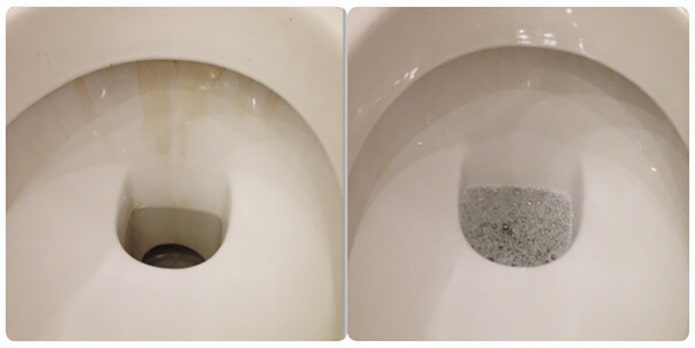 Toilet bago at pagkatapos ng paglilinis ng boric acid