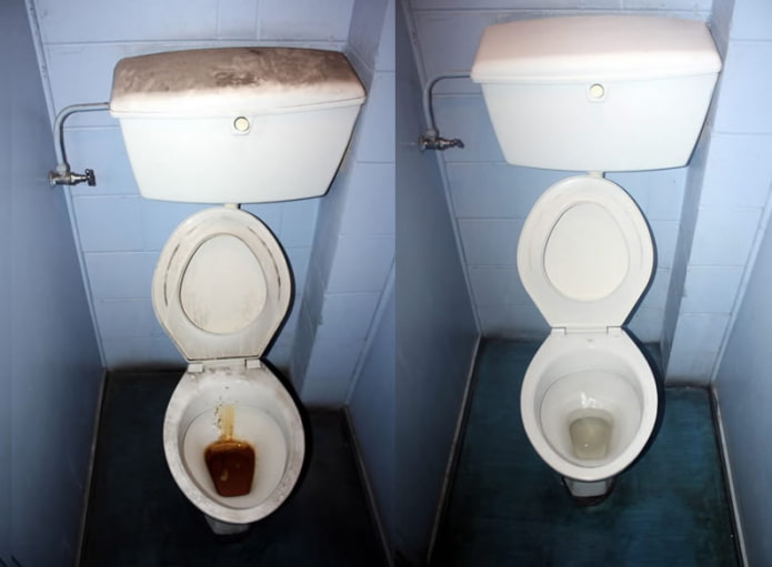 Toilet bago at pagkatapos ng paglilinis gamit ang electrolyte
