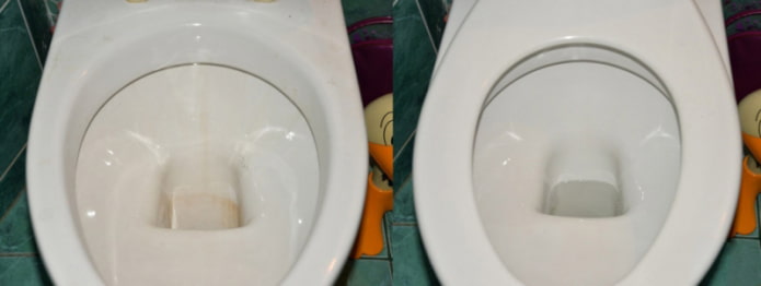 Toilet bago at pagkatapos ng paglilinis ng citric acid at suka
