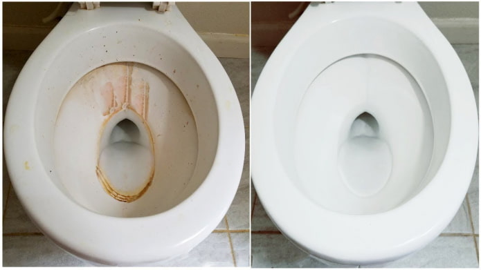 Toilet bago at pagkatapos maglinis gamit ang Cillit BANG gel