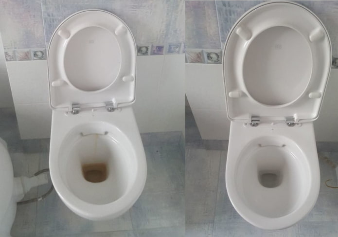 Toilet before and after cleaning with baking soda and vinegar