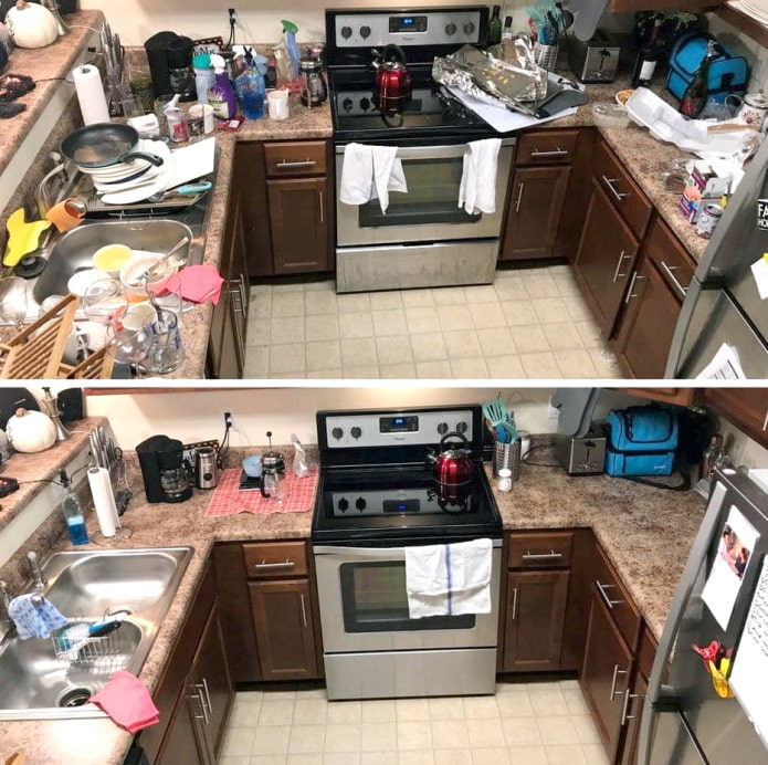 U-shaped kitchen before and after cleaning