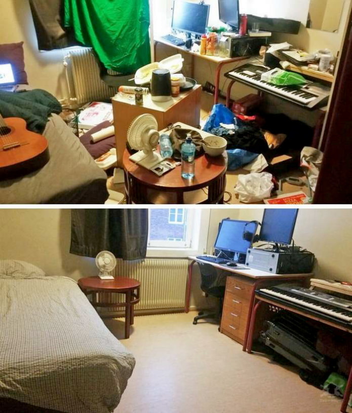 Jugendzimmer vor und nach der Reinigung