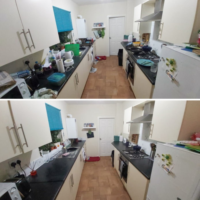 Küche vor und nach der Reinigung
