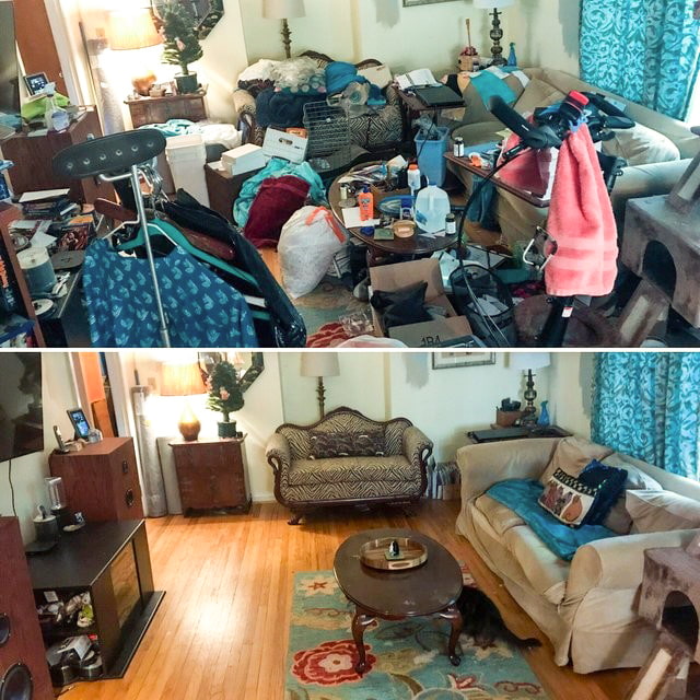 Wohnzimmer vor und nach der Reinigung