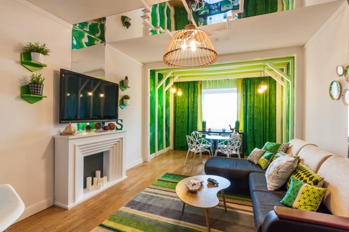 bright living room with green accents