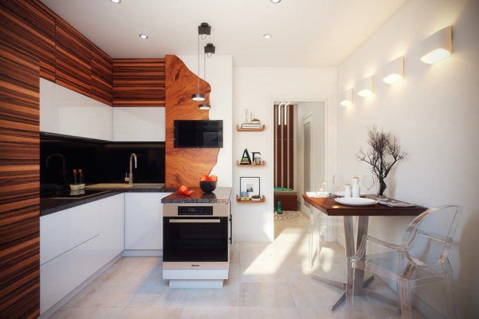 White and brown kitchen with a partition box