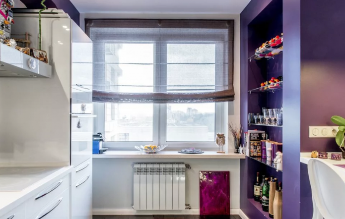 Bright kitchen with shelves on a ventilation box