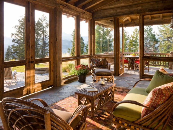 chalet style wooden veranda