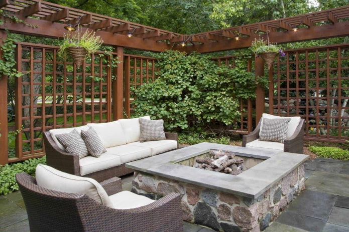 garden patio with campfire
