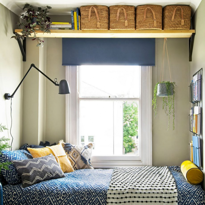 shelves with baskets under the ceiling