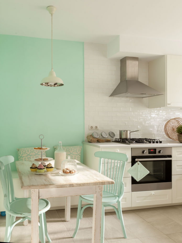 white kitchen with mint accents