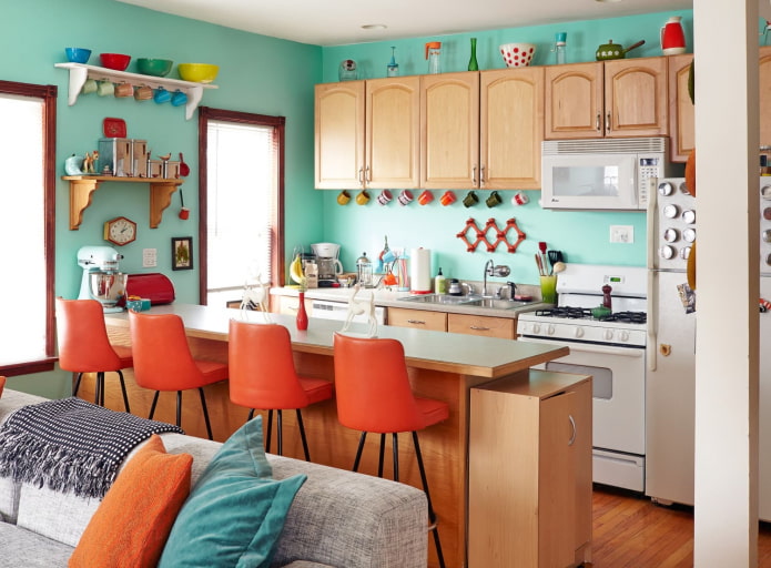 bright kitchen with mint walls
