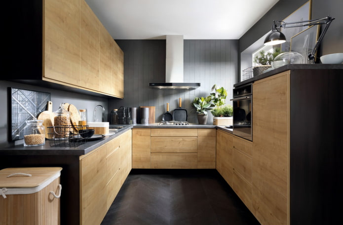 black kitchen with wood