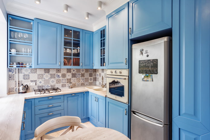 u-shaped blue kitchen