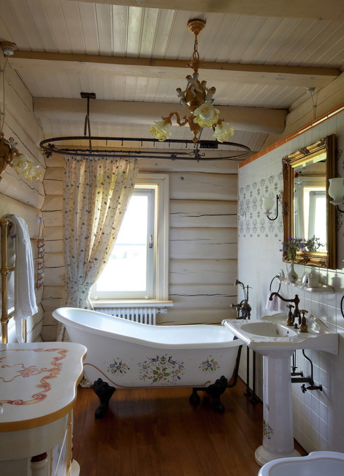 fürdőszoba egy fatuskós házban