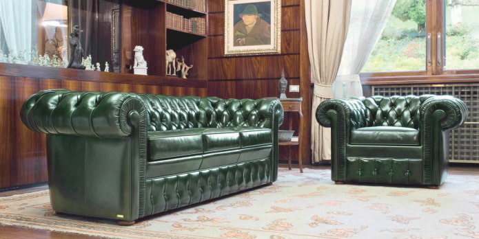 couch and armchair in a carriage coupler