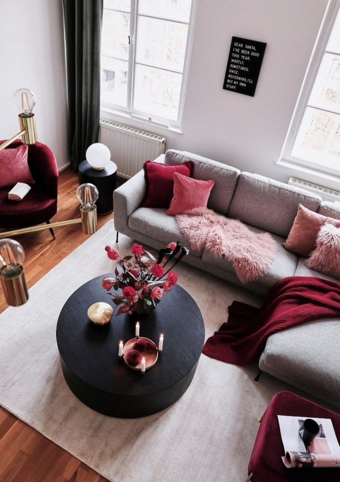 living room with burgundy accents