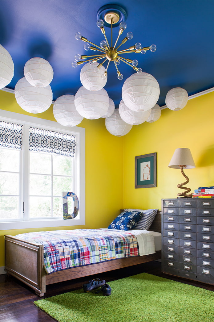bright nursery with a blue ceiling