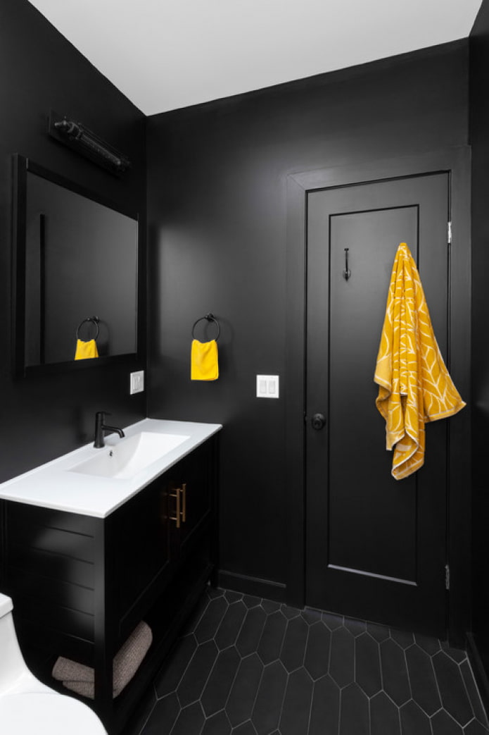 black bathroom with yellow