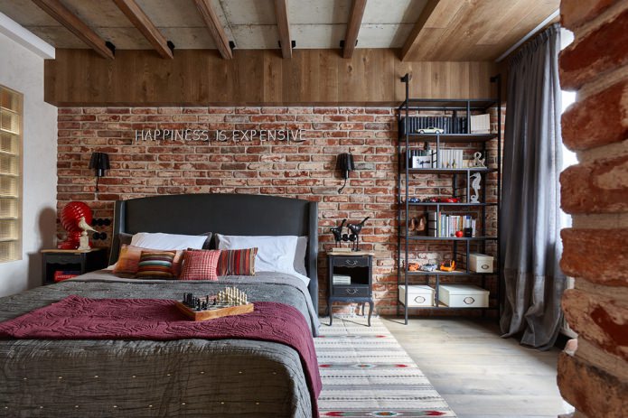 brick wall and wood beams on the ceiling