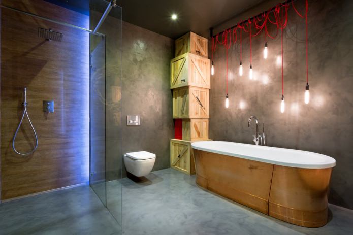 stylish wooden boxes, concrete walls and red hangers with light bulbs