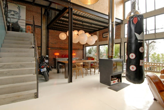 punching bag in a loft-style house