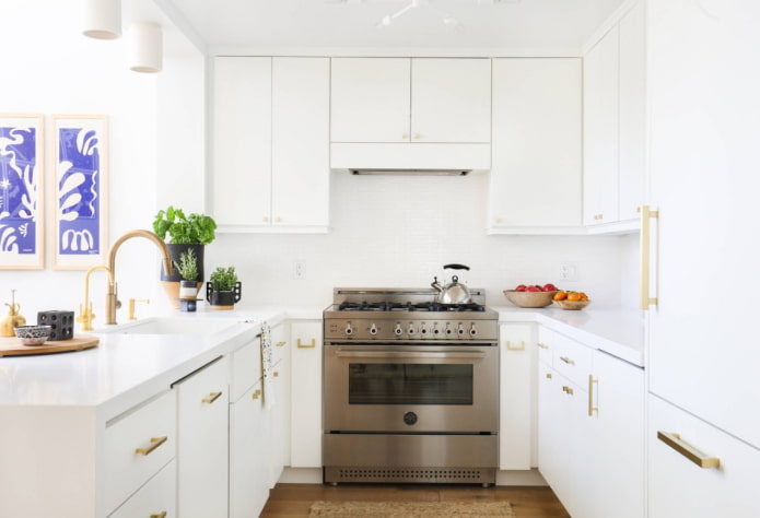 white kitchen with gold handles