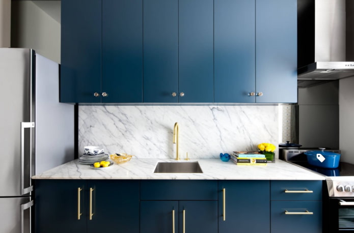 blue kitchen with gold