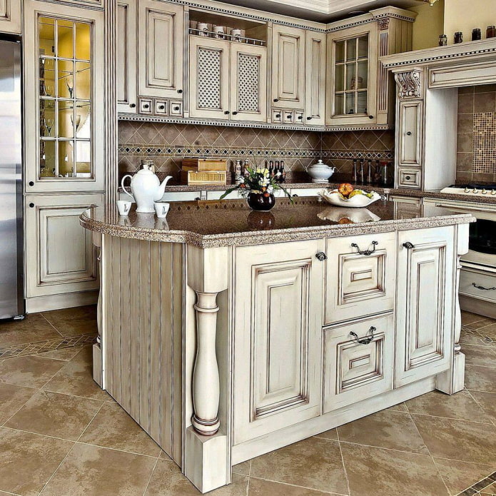 white kitchen with dark patina