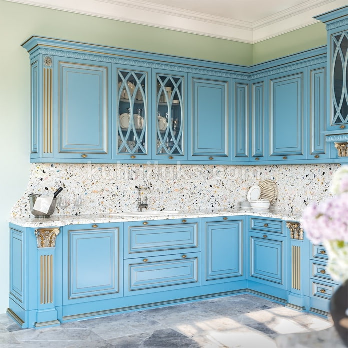 blue kitchen with gold