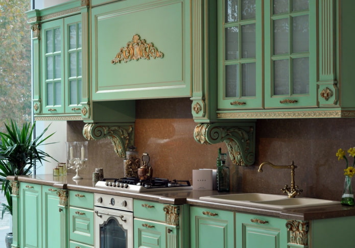 green kitchen with patina