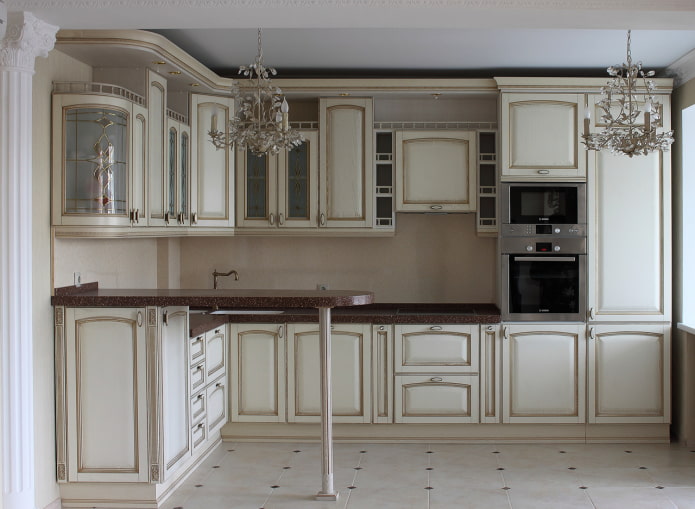 beige kitchen with dark patina
