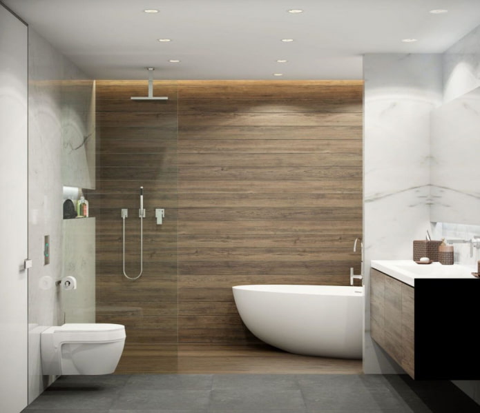 stilvolles Badezimmer mit Fliesen in Holzoptik
