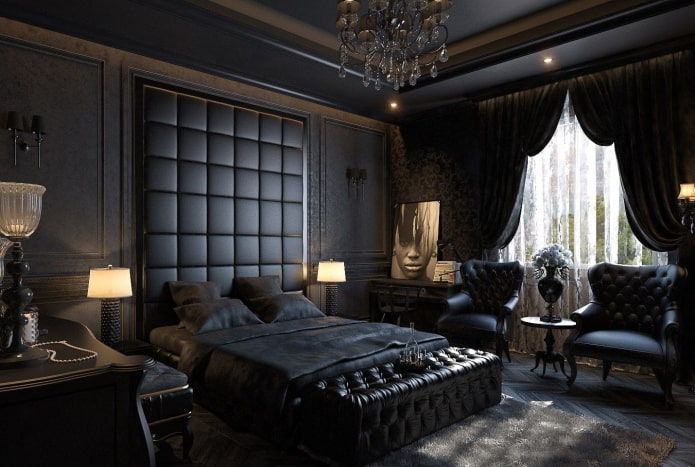 dark bedroom with leather headboard